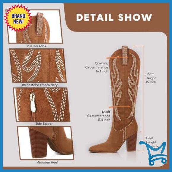 Women's Suede Knee High Cowboy Boots Rhinestone Embroidered Western Pointed Toe - Picture 5 of 7